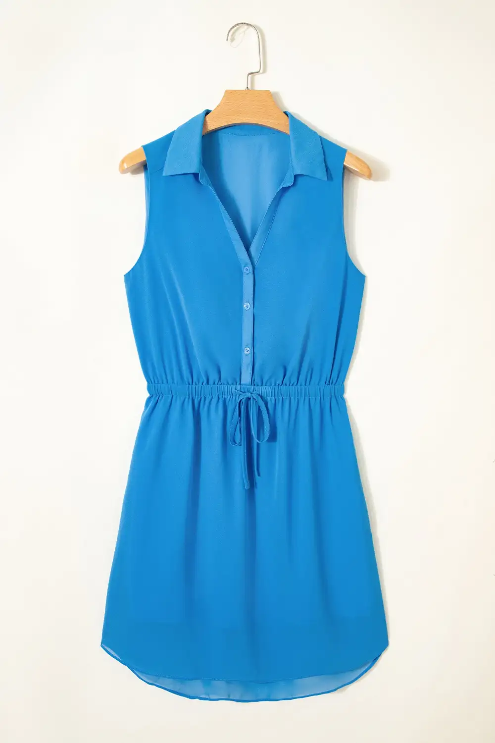 Half Buttons Collared Elastic Waist Sleeveless Shirt Dress
