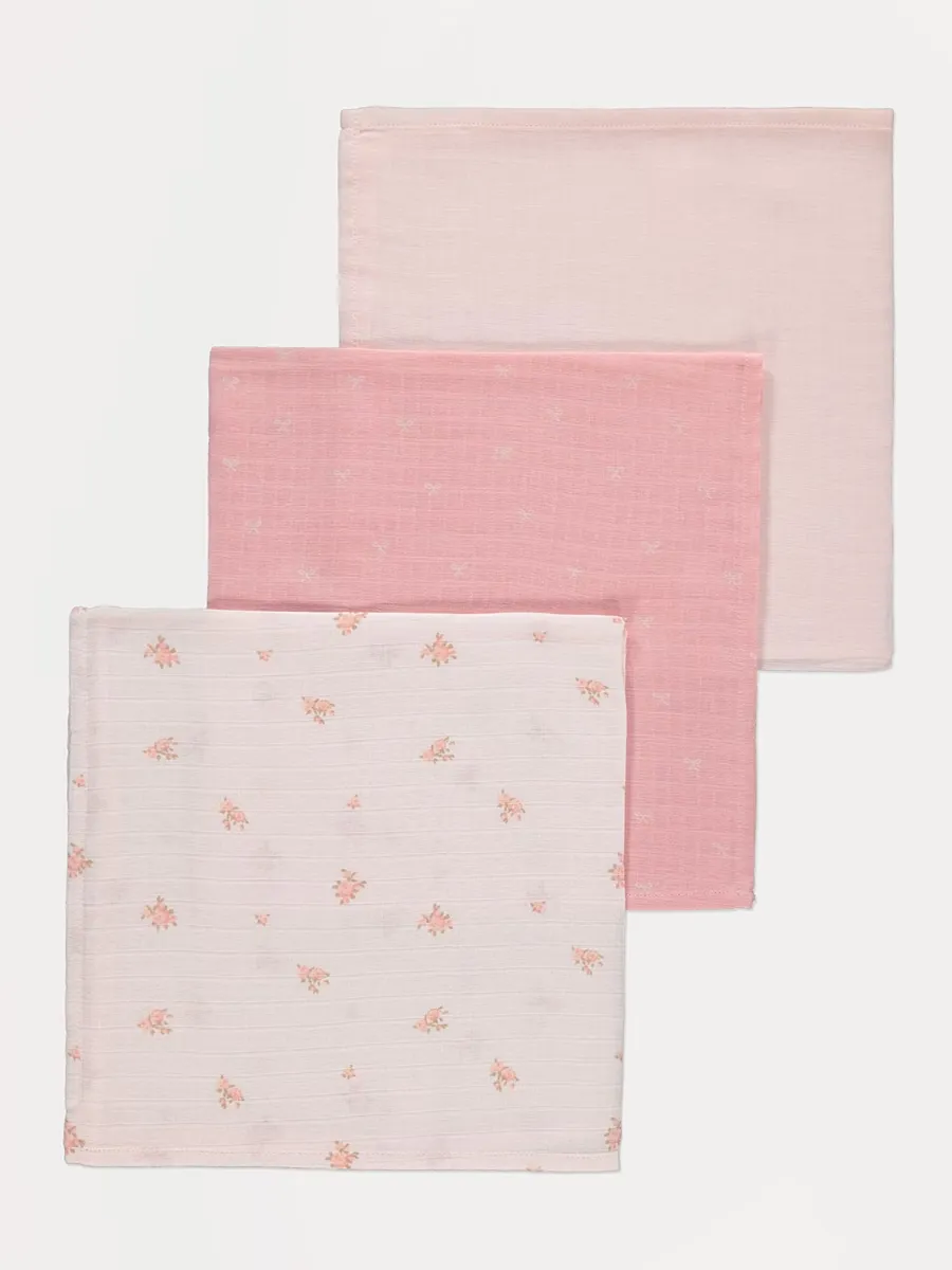 Pink Floral Bow Muslin Cloths 3 Pack