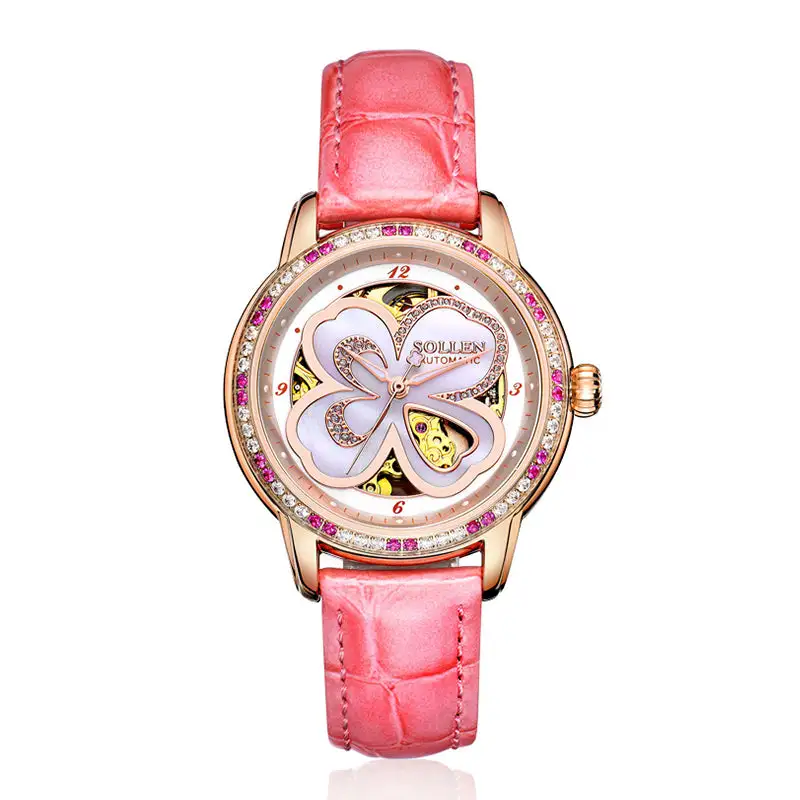 Sollen SL405 Women's Four-Leaf Clover Skeleton Automatic Watch - 35mm Crystal Bezel Mother of Pearl Dial Leather Strap Wristwatch