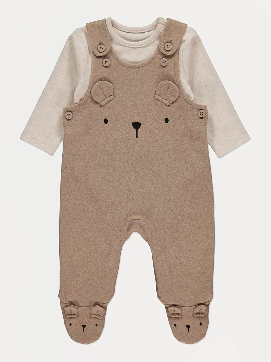 Brown Bear Footed Dungarees and Bodysuit Outfit