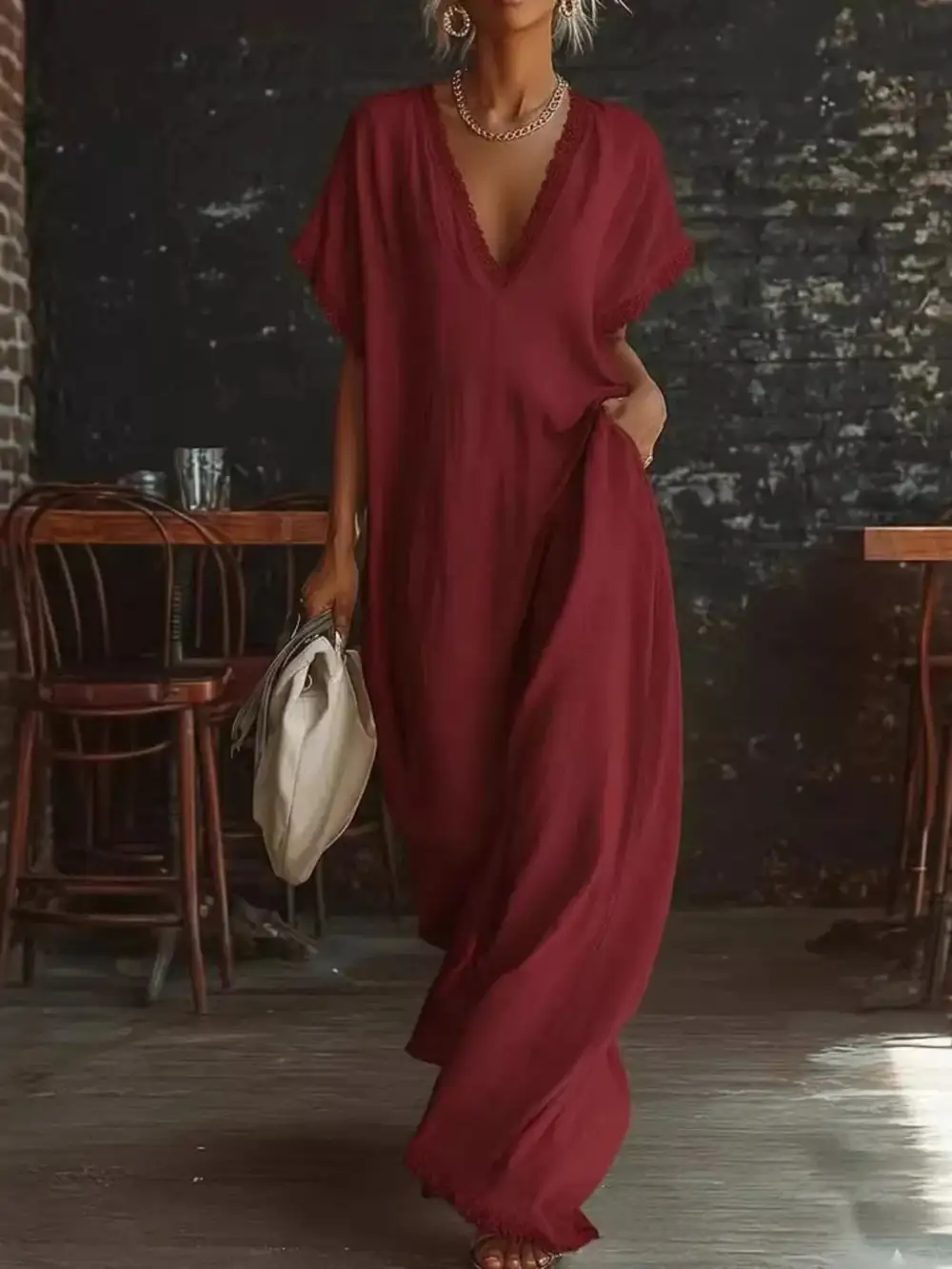 Full Size Lace Trim V Neck Maxi Dress Plus Size