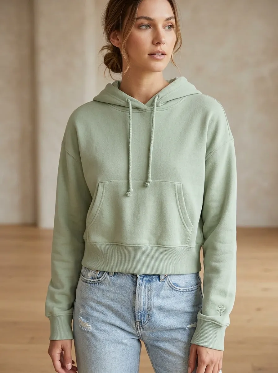 Women's Minimalist Sage Green Solid Color Embroidered Hoodie