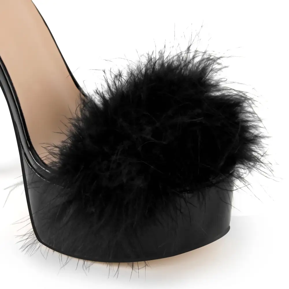 Fur Platform Rivet Ankle Strap Stiletto Sandals