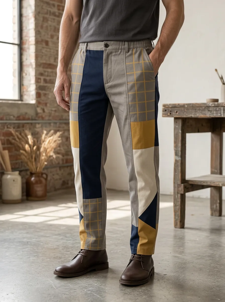 Men's Geometric Colorblock Plaid Printed Pants