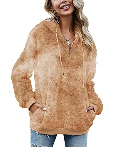 Women Casual Double Fuzzy Sweatshirt Faux Fleece Zip Pullover Hoodies Coat Outwear S-XXL