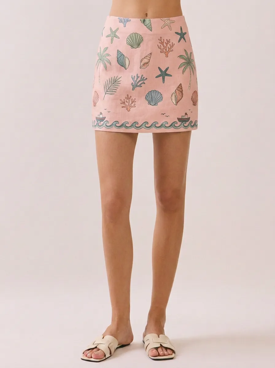 Women's Beach Vacation Seashell Palm Tree Wave Printed Mini Skirt