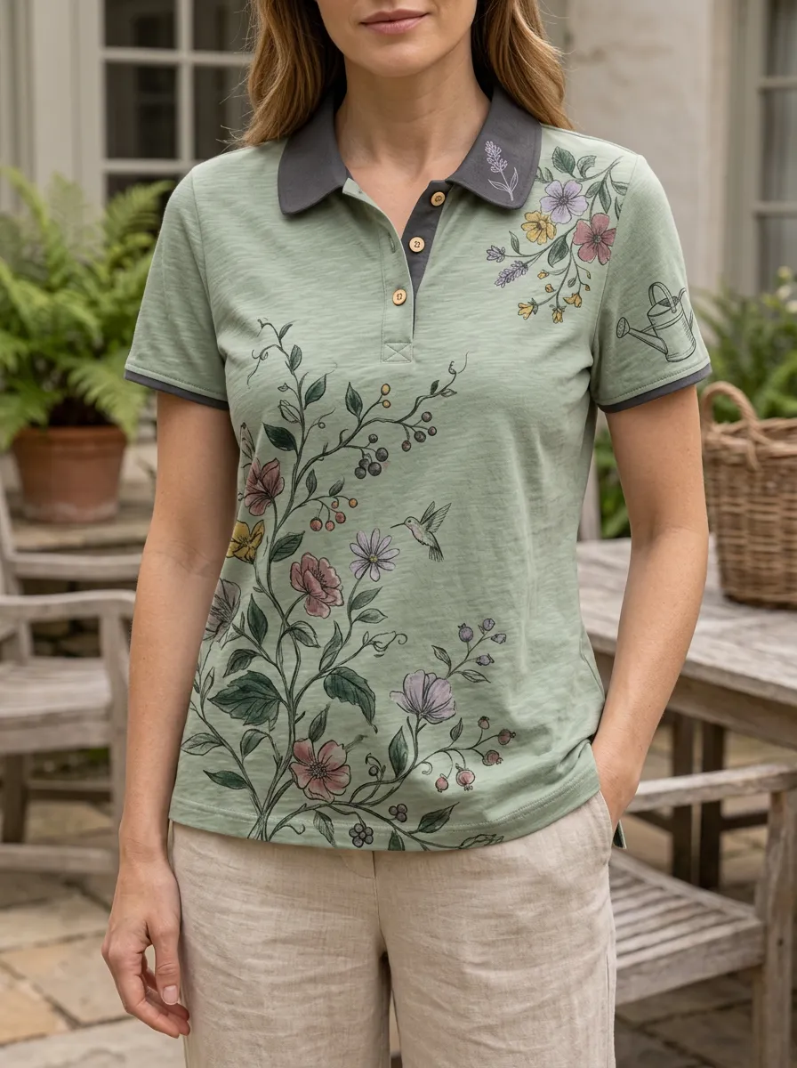 Women's Gardening Hummingbird Floral Printed Polo Shirt