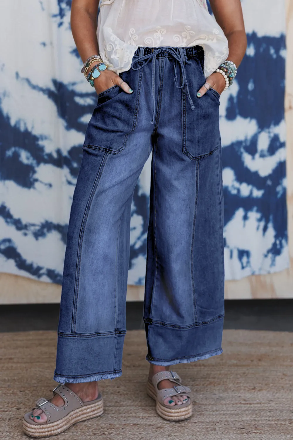 Deep Blue Drawstring Wide Leg Jeans
