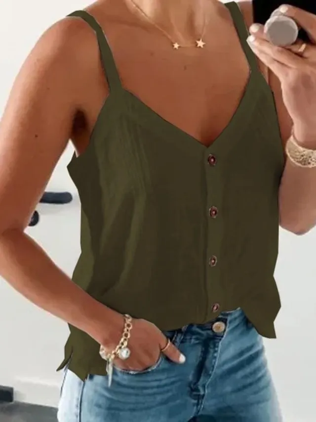 Women's Tank Top Black White Army Green Plain Button Sleeveless Casual Basic V Neck Regular S