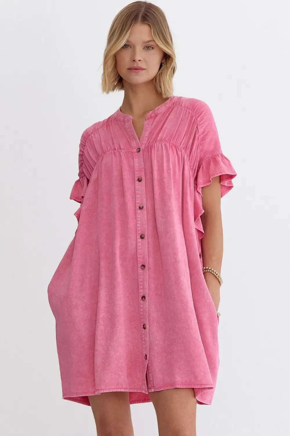 Ruffled Short Sleeve Buttoned Denim Mini Dress