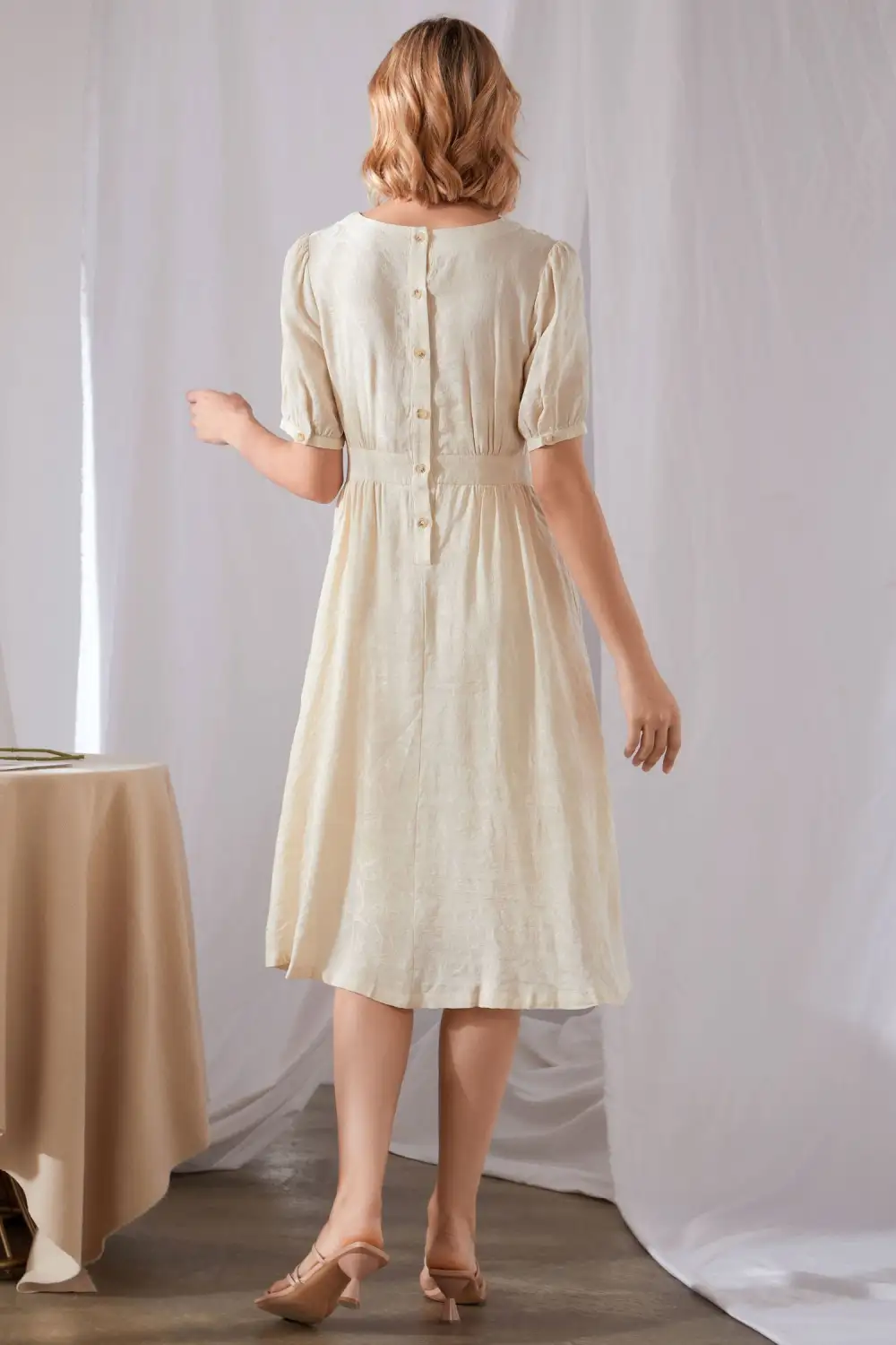 Linen Cotton Swing Pleated Puff Sleeve Midi Dress