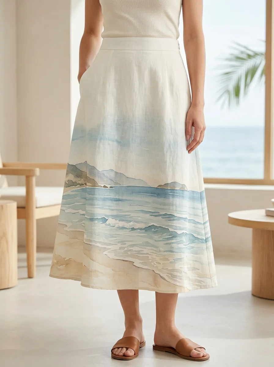 Women's Beach Lover Watercolor Ocean Landscape Printed Skirt