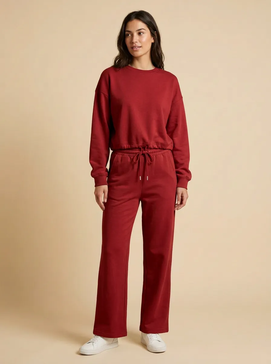 Women's Cropped Crewneck Sweatshirt And Drawstring Wide-Leg Trouser Lounge Set
