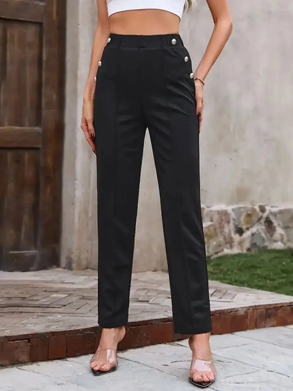 Elastic Waist Button Detail Casual Everyday Pants
