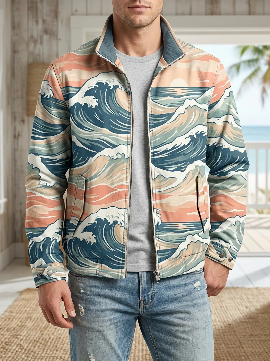 Men's Ocean Beach Lover Japanese Wave Printed Jacket