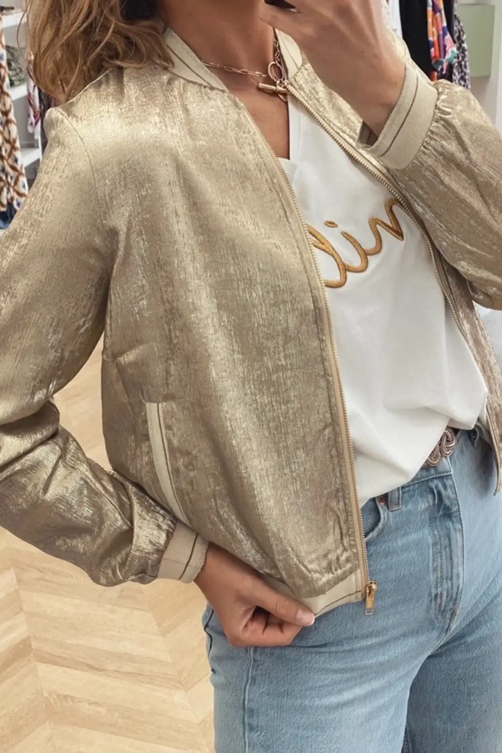 Metallic Zip Front Ribbed Collar Jacket
