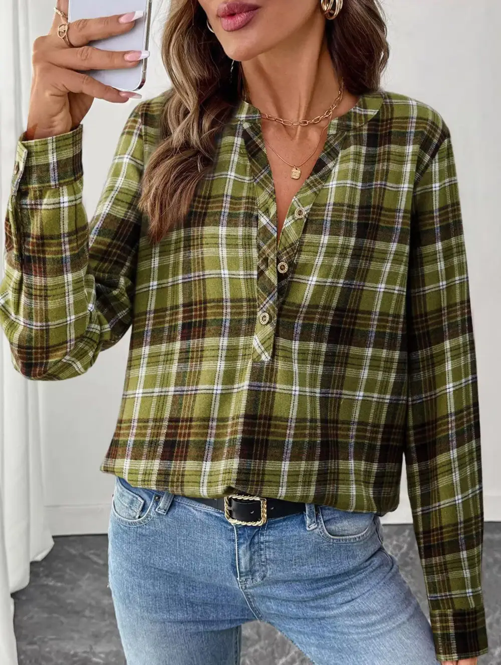 V Neck Plaid Button Shirt