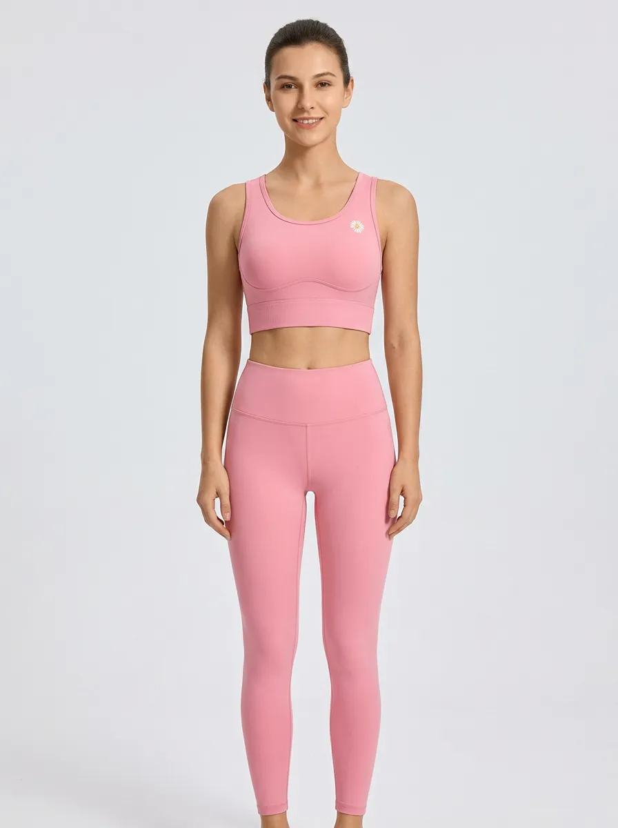 Women's Daisy-Graphic Scoop-Neck Ribbed Left-Chest Wide-Strap Cropped Sports Bra