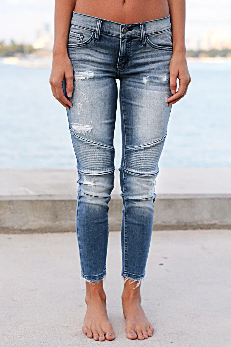 Ripped Raw Hem Low Rise Skinny Moto Jeans