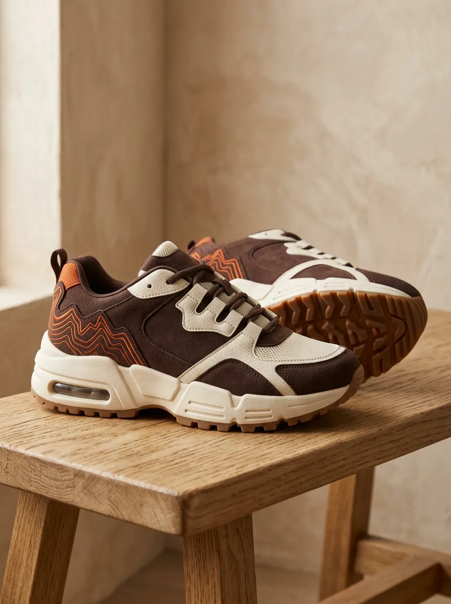 Women's Brown Wavy Pattern Printed Chunky Sneakers