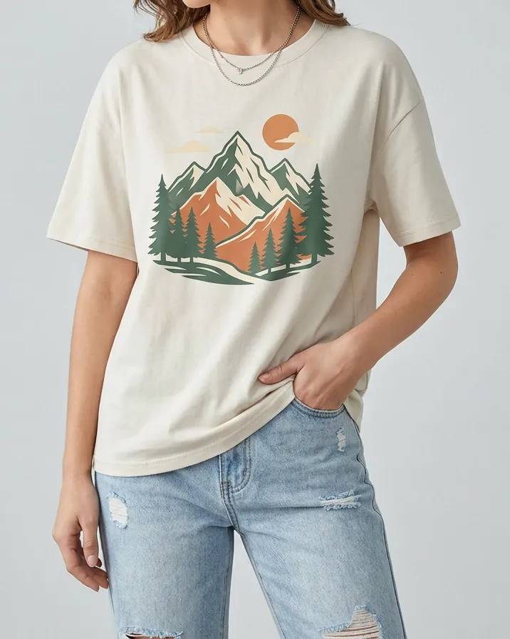 Women's Forest Sunrise Mountain Printed T-Shirt