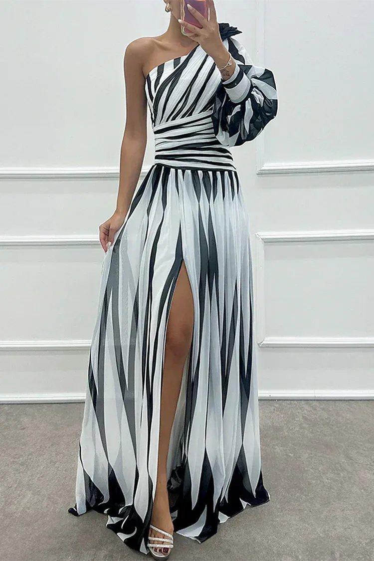 Striped One-Shoulder Woven Maxi Dress
