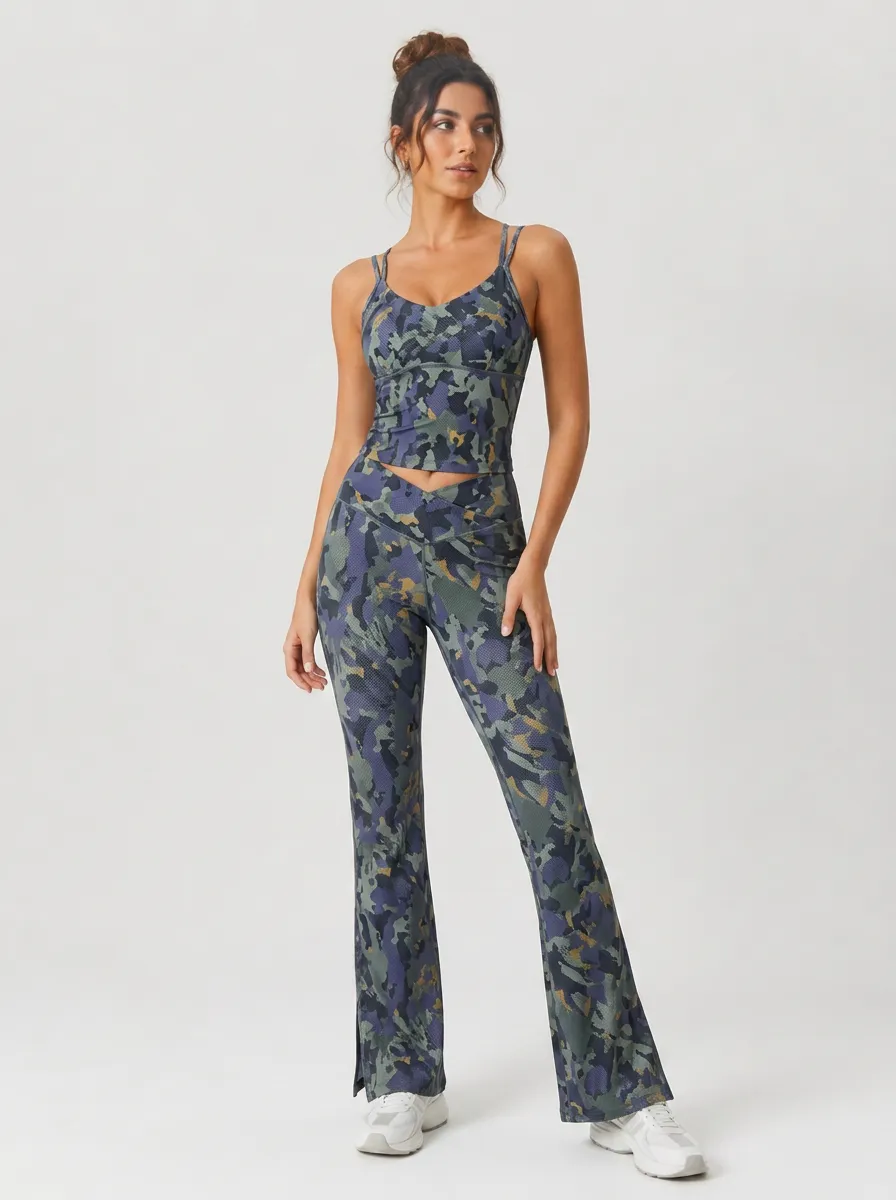 Women's Multi-Color Camo Print Cami and Flared Leggings Set