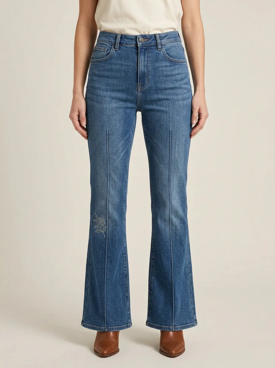 Women's Floral Lower-Leg Embroidered Pintuck High-Rise Flare Jeans