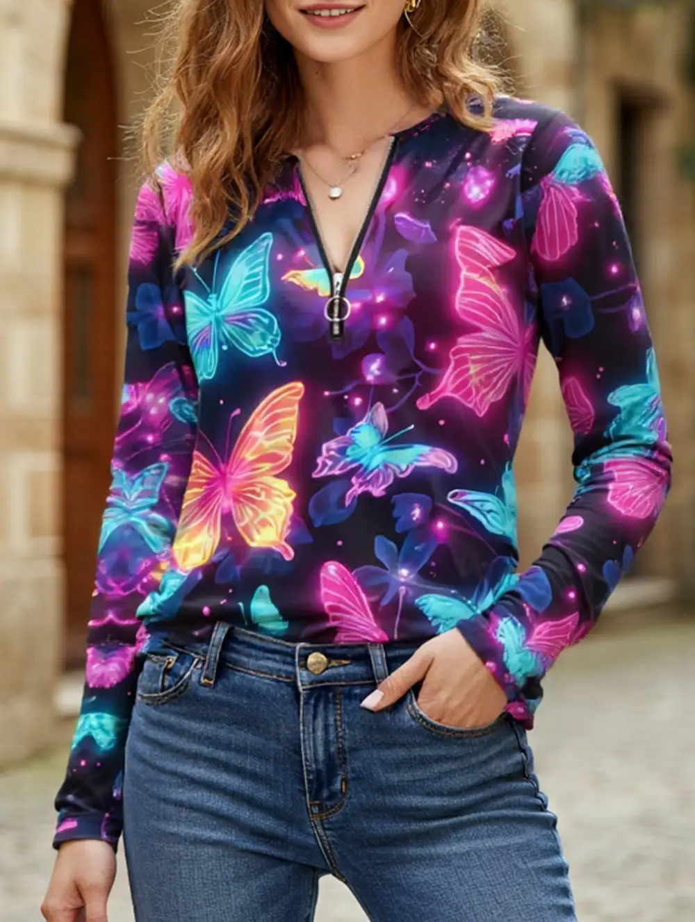 Geometric V-Neck Zip-Up Regular Top