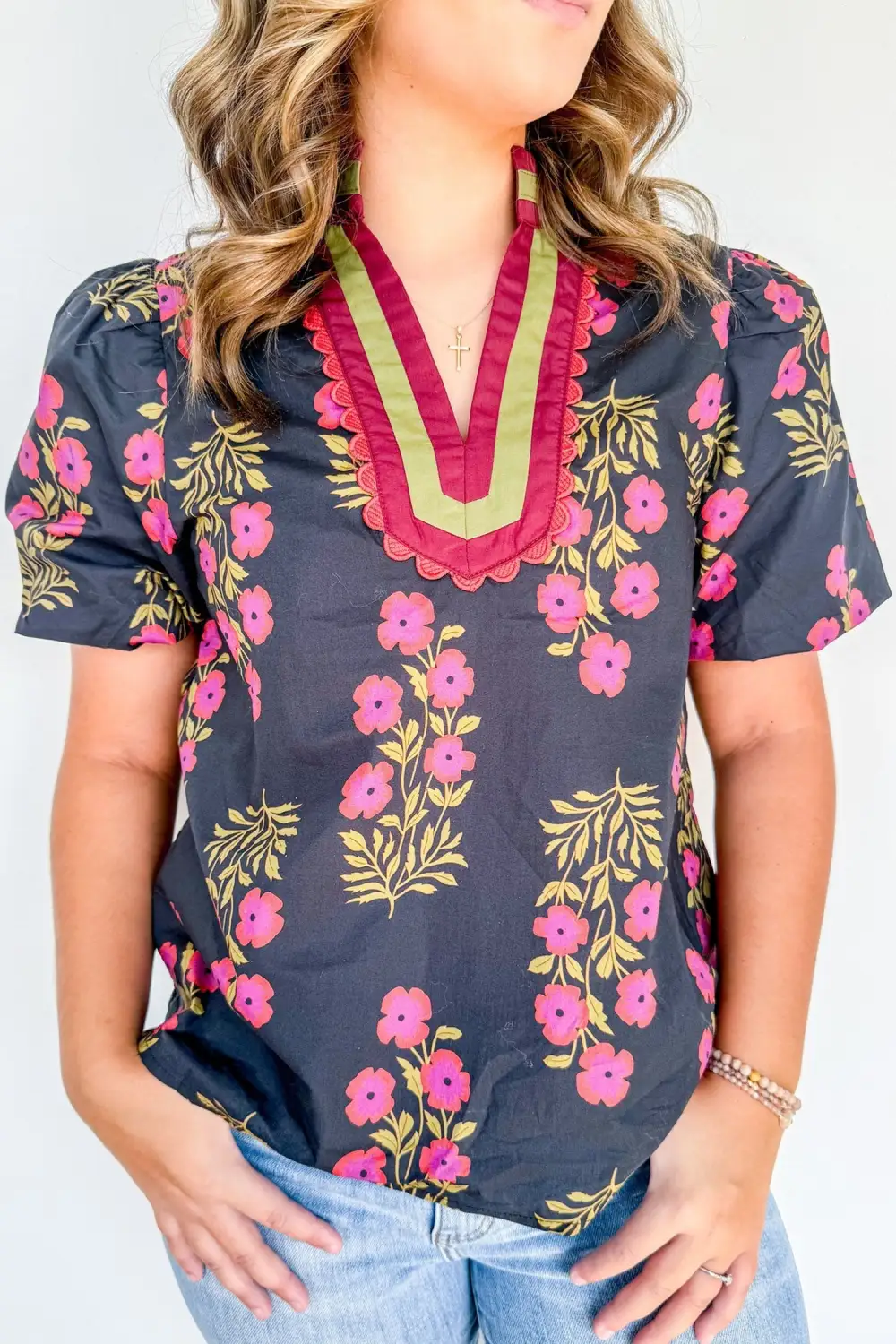 Women's Floral Print Striped Cotton Top