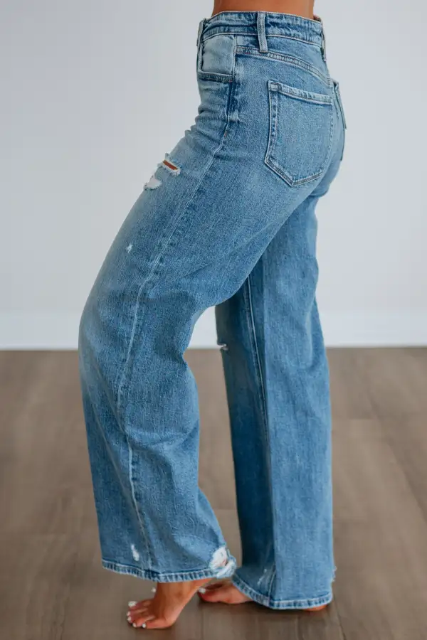Women's High Rise Wide Leg Fading Whiskering Jeans