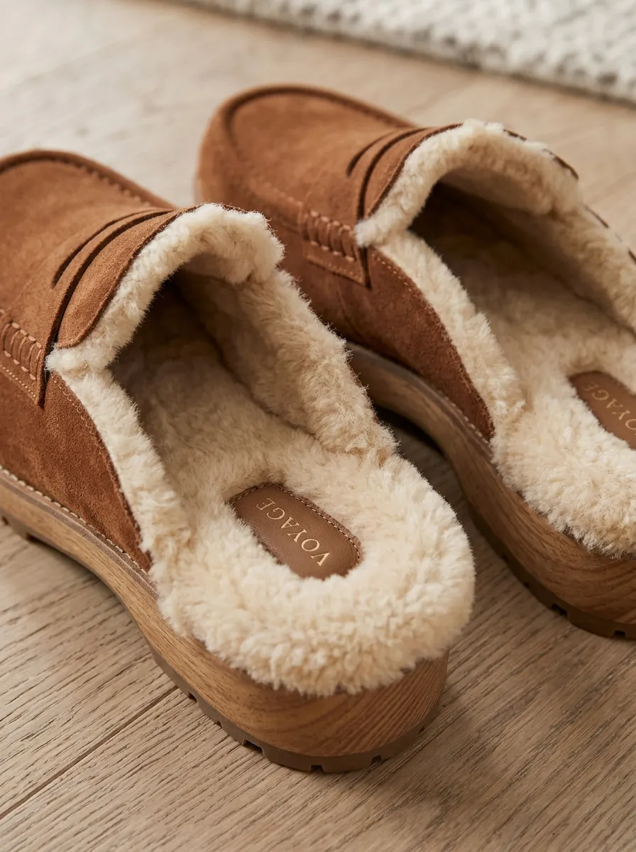 Women's Contemporary Faux Fur Lined Platform Suede Wood Sole Loafers