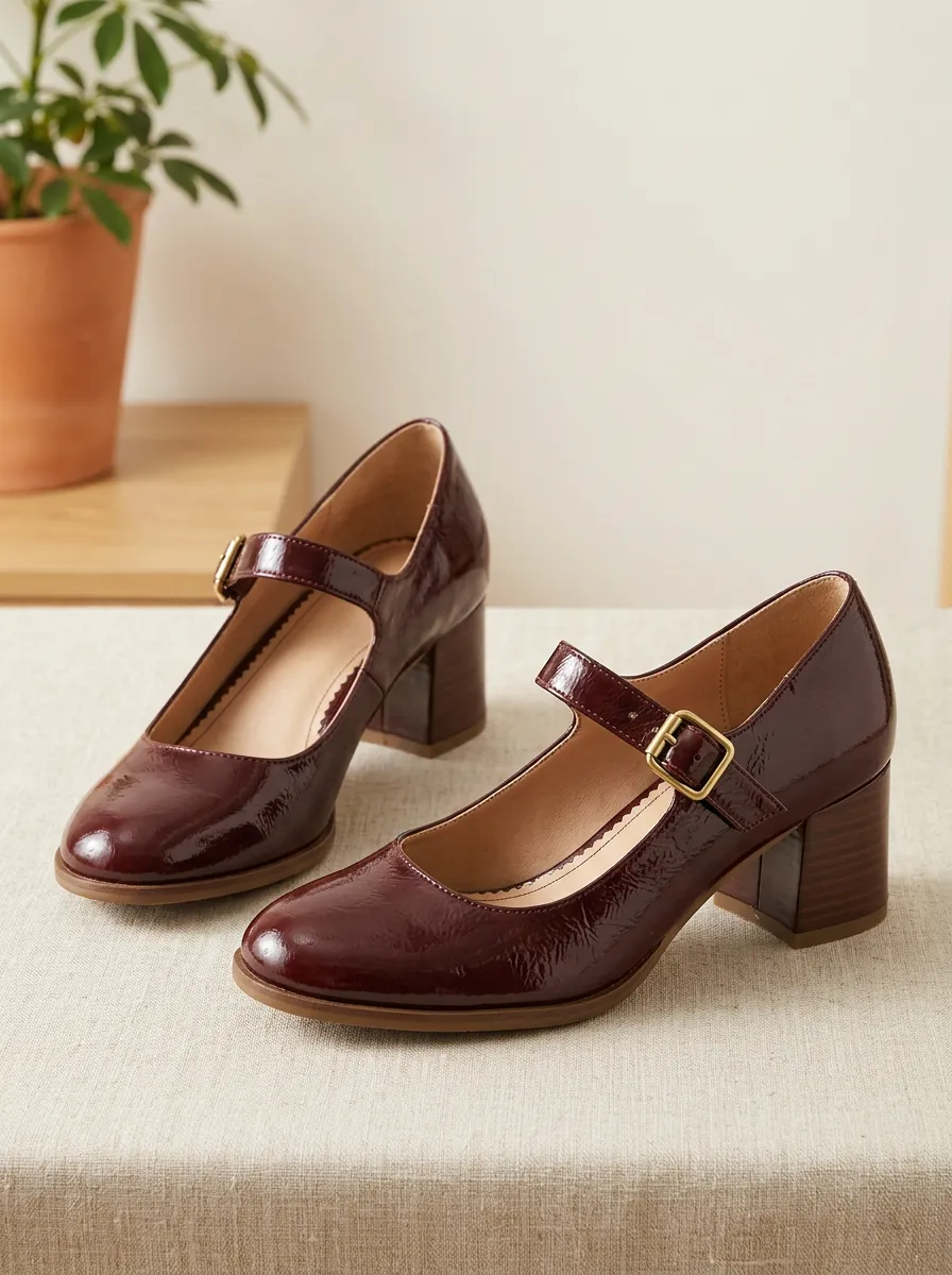 Women's Patent Leather Mary Jane Block Heel Shoes