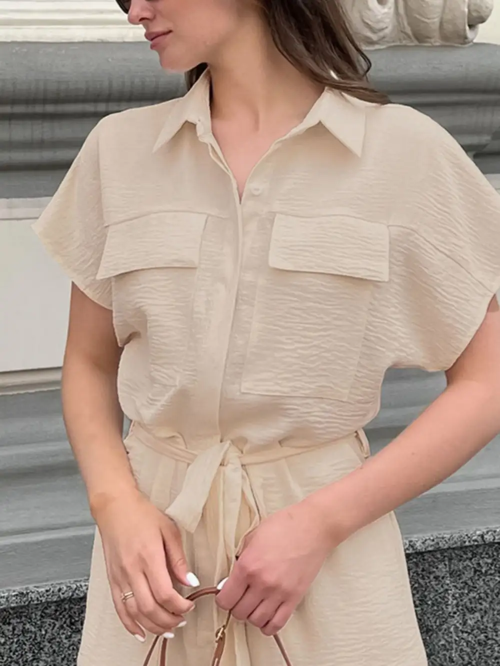 Chest Pocket Short Sleeve Wide Leg Shorts