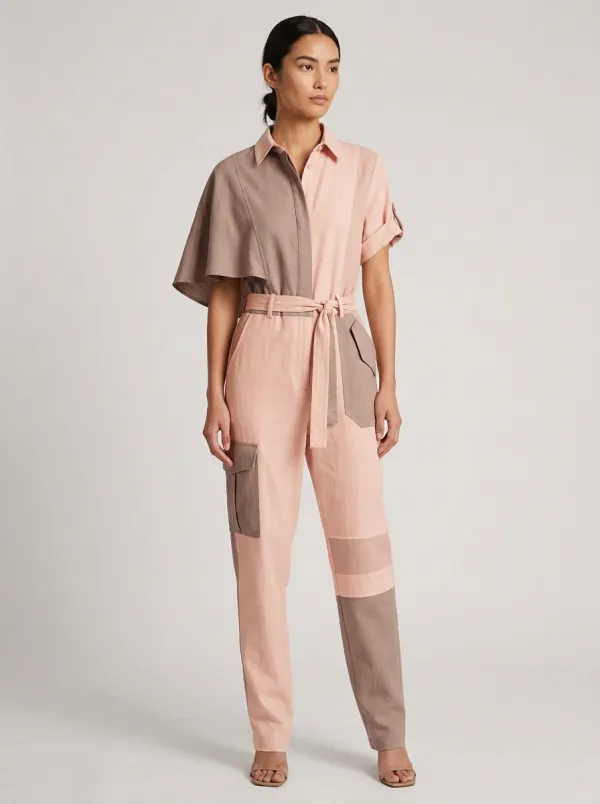 Women's Casual Minimalist Patchwork Colorblock Belted Jumpsuit