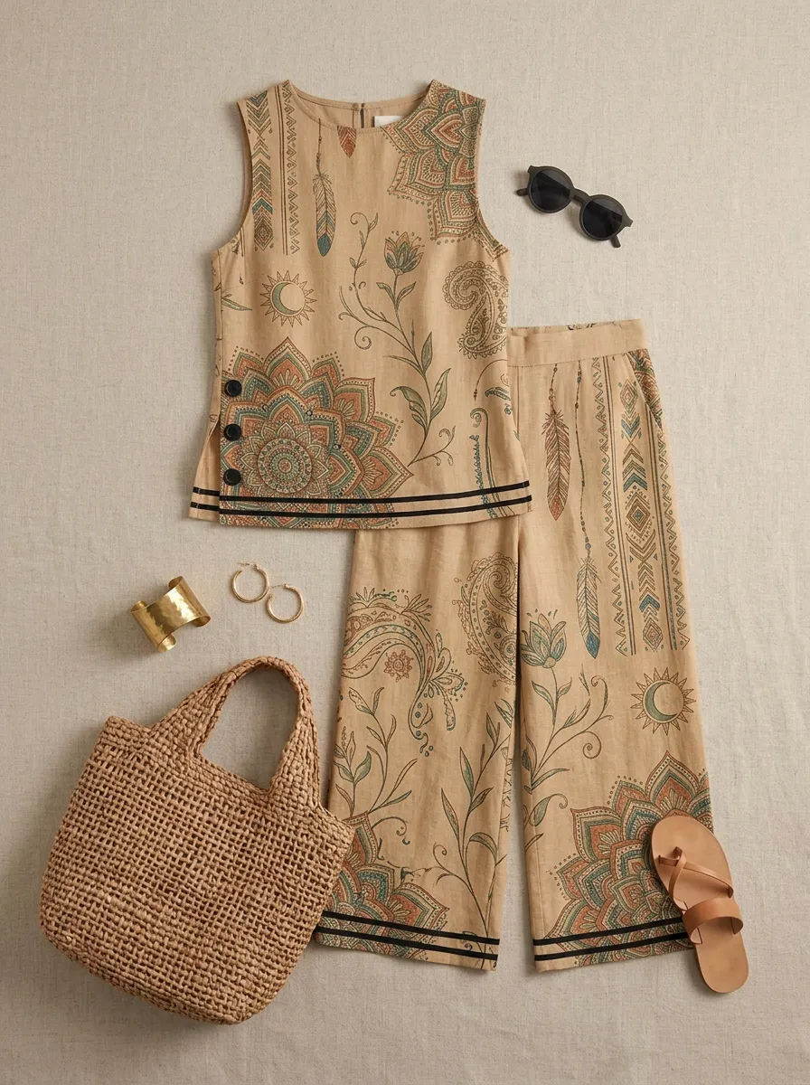 Women's Boho Mandala Feather Printed Sleeveless Set