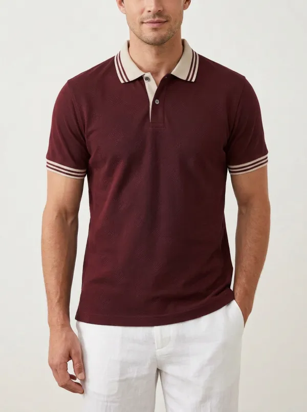 Men's Geometric Pattern Navy Blue Striped Collar Polo Shirt