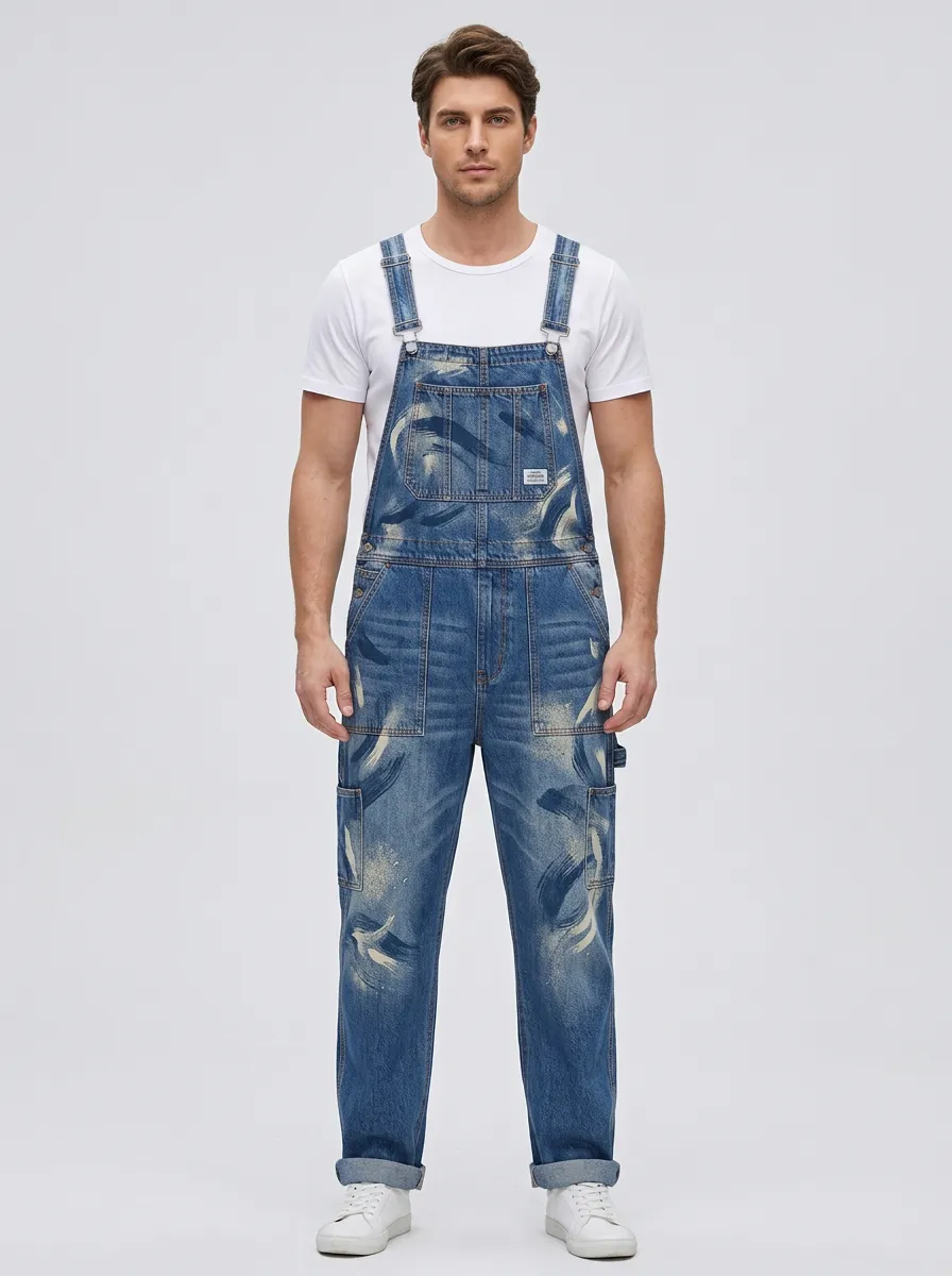 Distressed Paint-Splatter Denim Overalls
