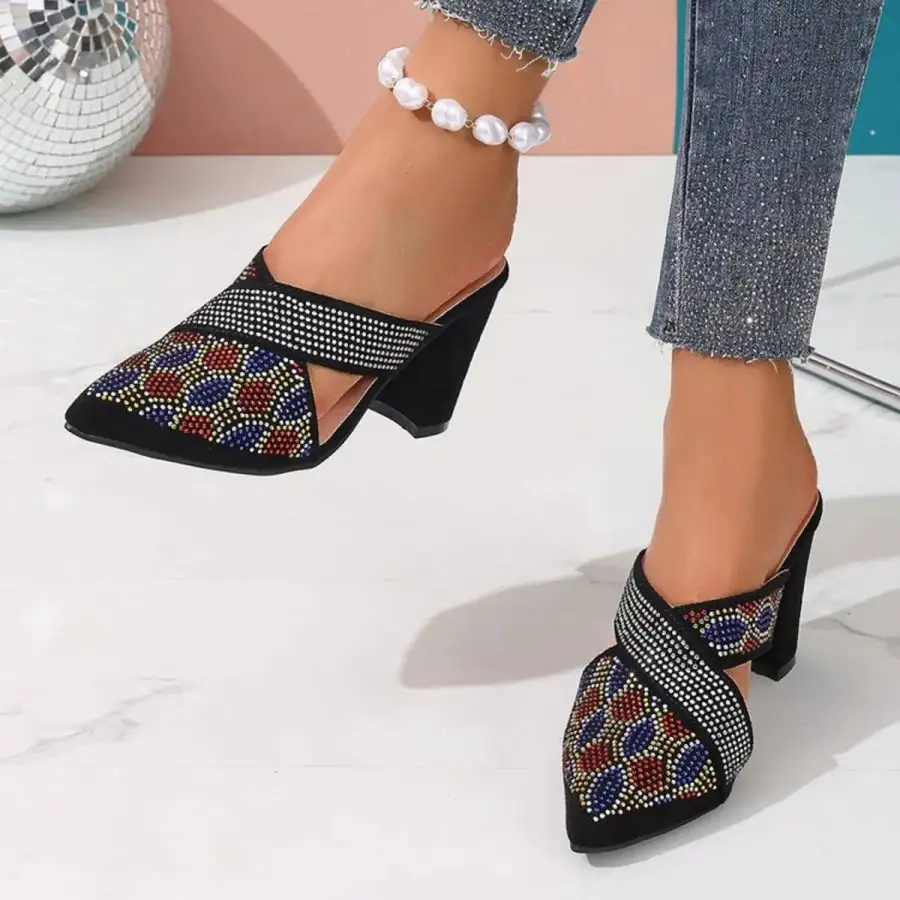 Textured Point Toe Block Heels Sandals