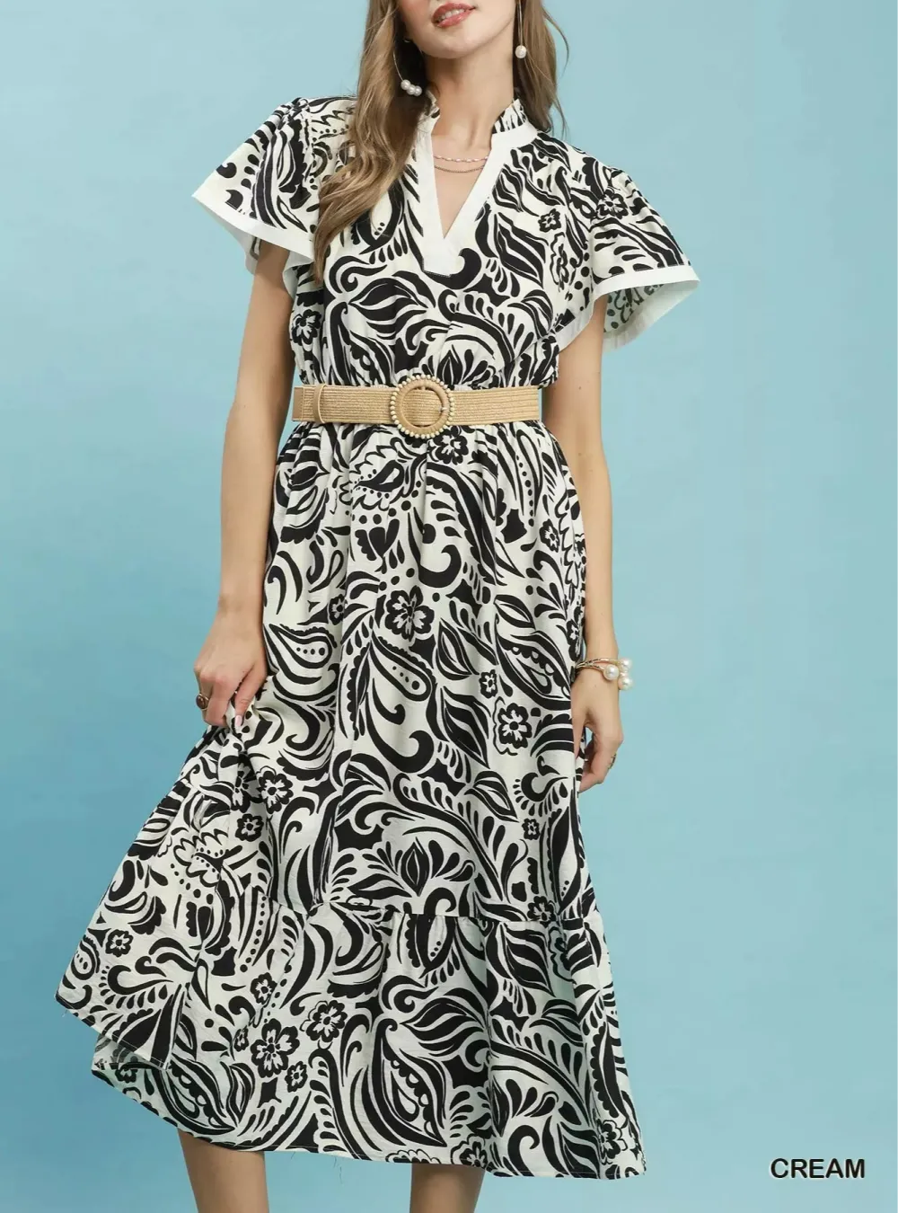 Everyday Paisley Print V-Neck Flutter Sleeve Ruffle Hem Midi Dress