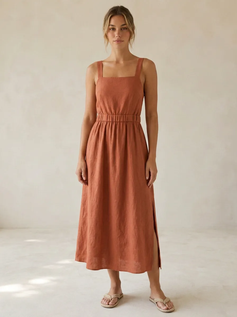 Women's Casual Lace-Up Linen Midi Backless Dress