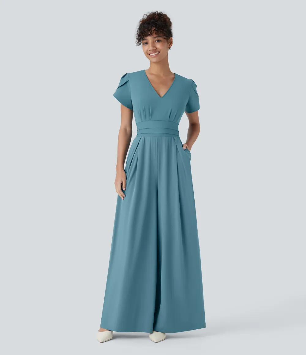 Breezeful V Neck Petal Sleeve Pocket Wide Leg Flowy Quick Dry Work Jumpsuit