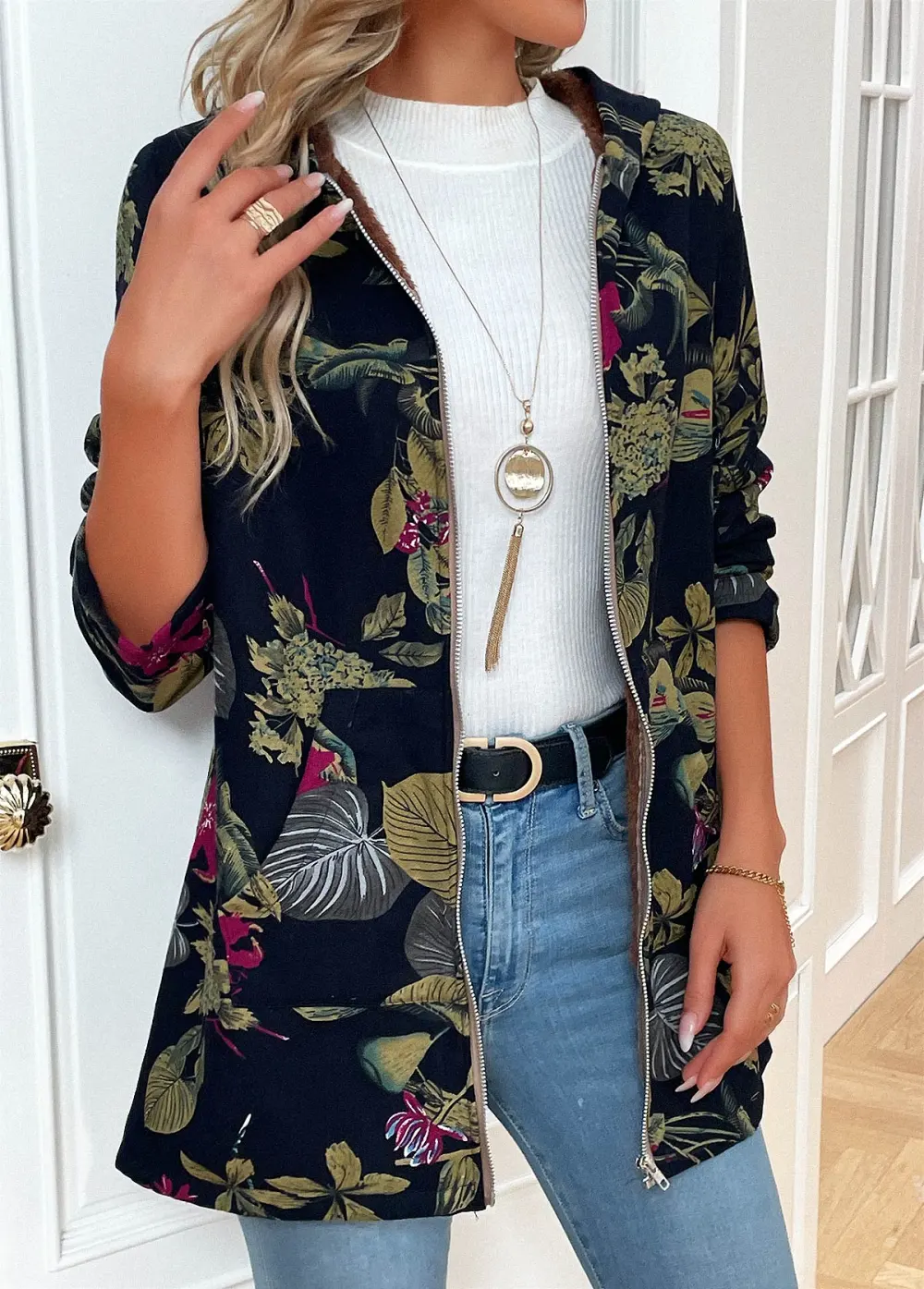 Navy Pocket Floral Print Long Sleeve Hooded Coat