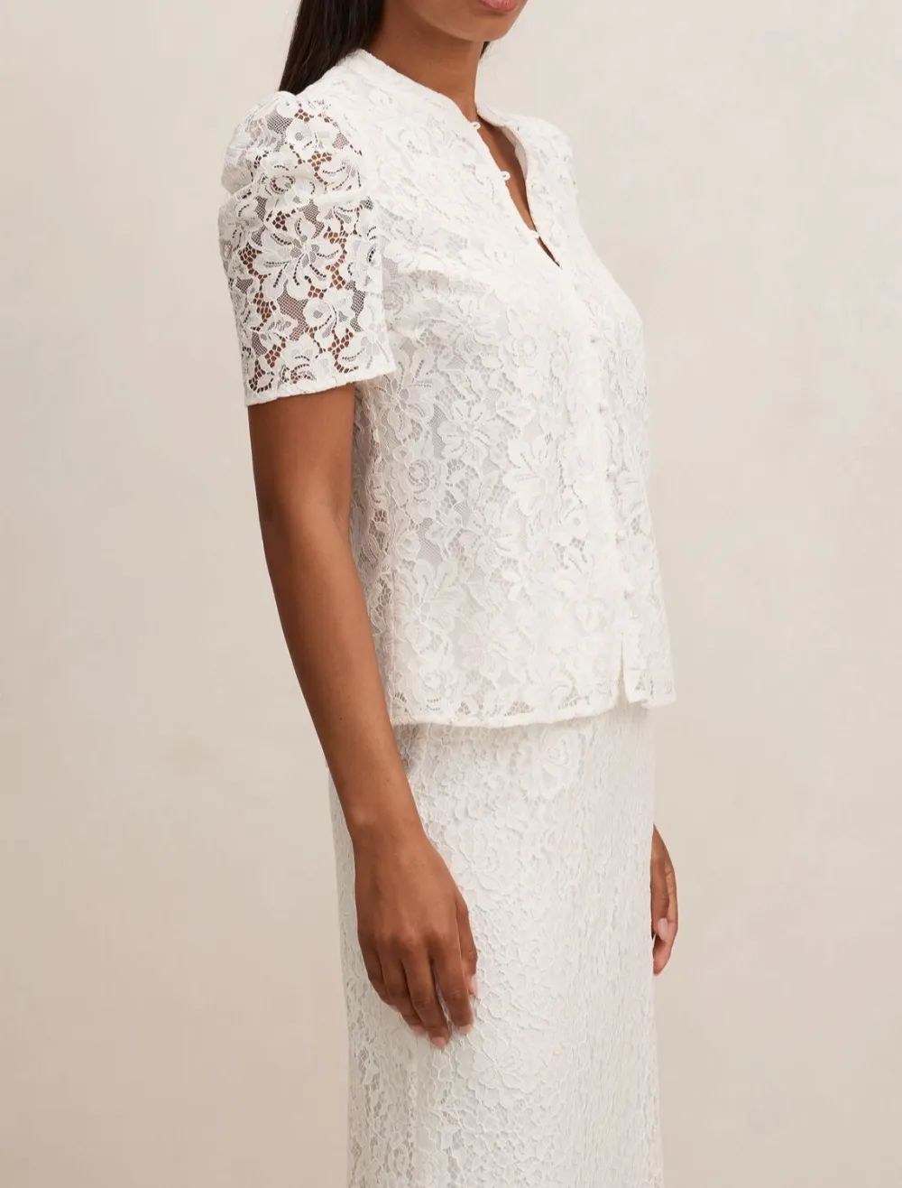 White Lace Short Sleeve Button-Down Blouse