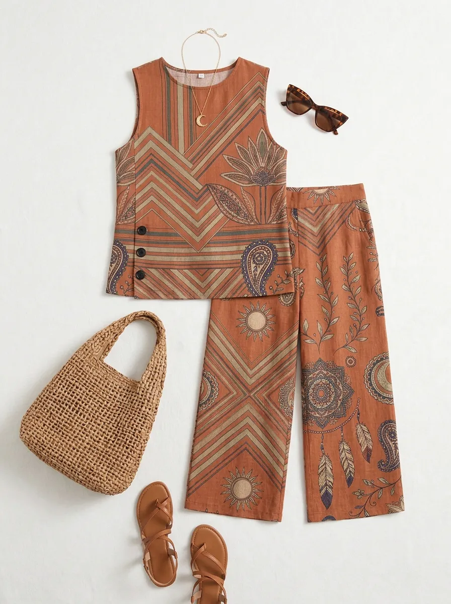 Women's Boho Sun Moon Mandala Printed Sleeveless Set