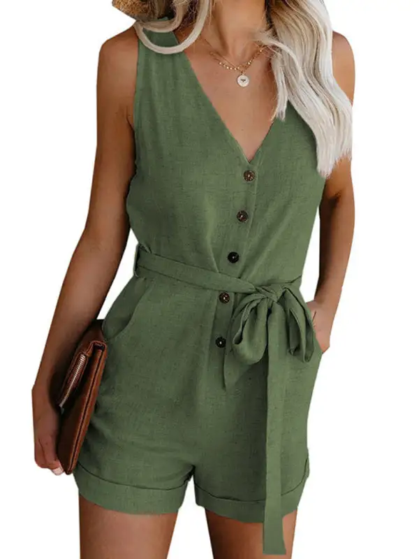 Woven V Neck Button Up Sleeveless Jumpsuit