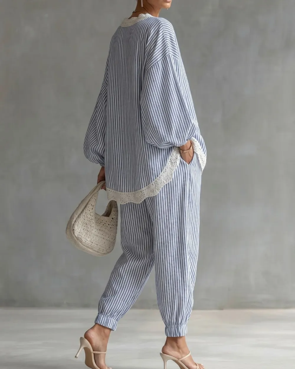 Striped Lace Trim Oversized Two-Piece Set Boho Coastal Chic Outfit
