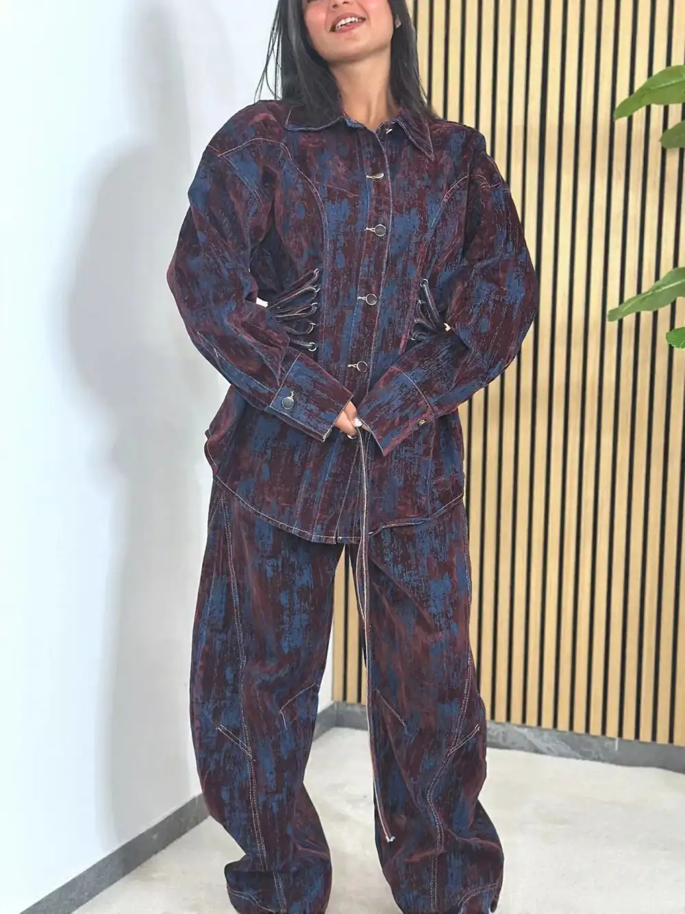 Button Lace Up Set Denim Pants