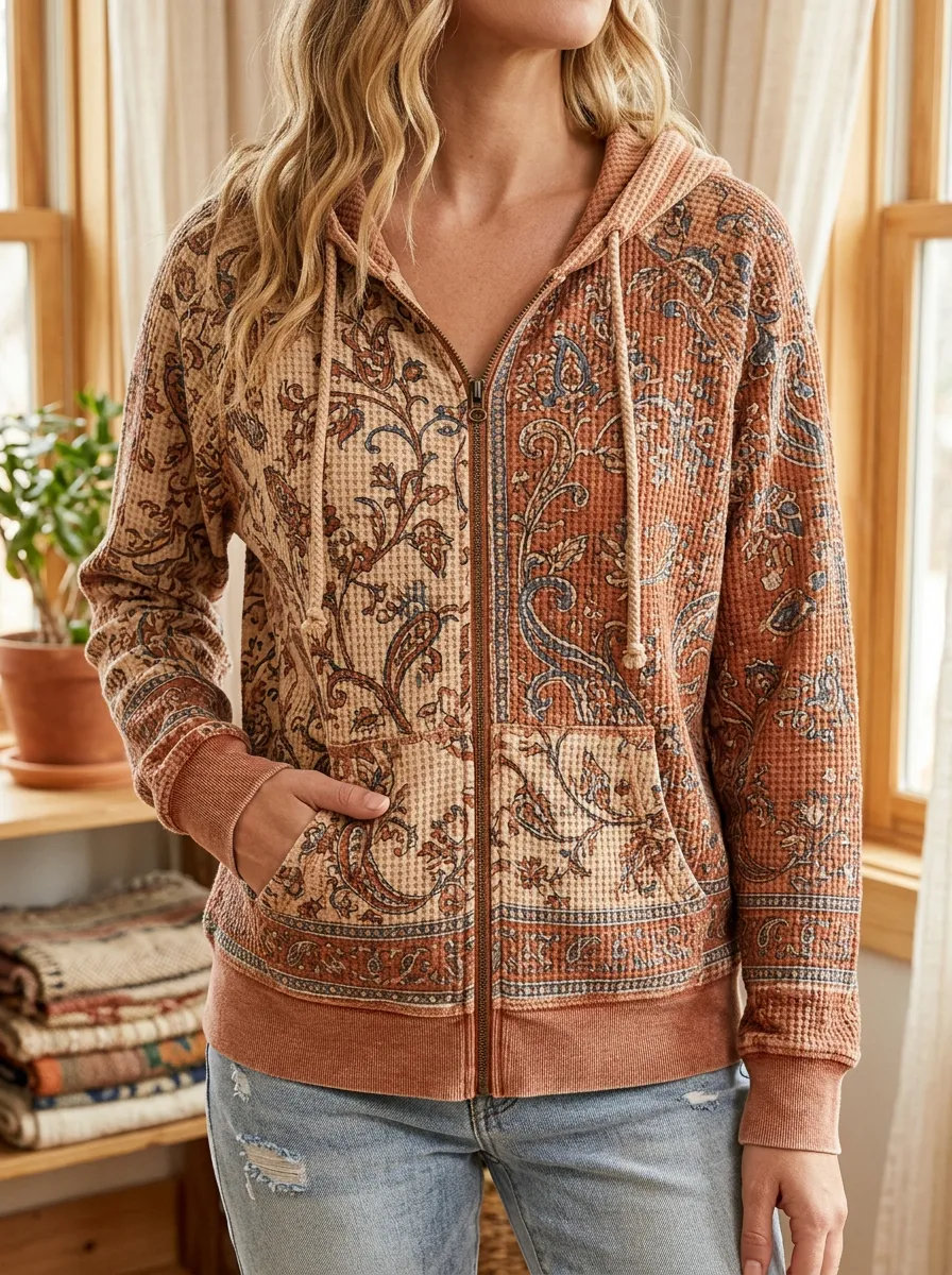 Women's Bohemian Paisley Signature Motif Waffle Zip-Up Hoodie