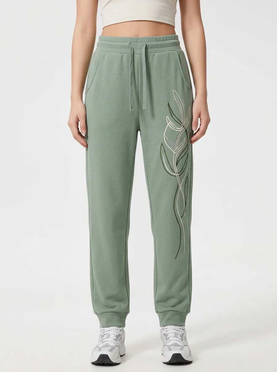 Women's Sage Green Minimalist Leaf Line Art Graphic Joggers
